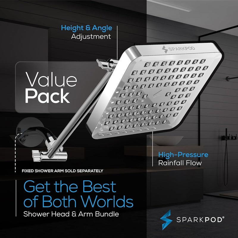 SparkPod Square Rain Shower Head with Extension Arm - Height Adjustable Shower Head with High Pressure Performance - Easy 1-Minute Installation (11" Arm Extension, Luxury Polished Chrome) - Image 3